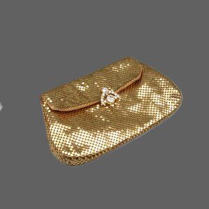 Vintage Whiting & Davis Gold Mesh Evening Bag Clutch with Rhinestone Clasp